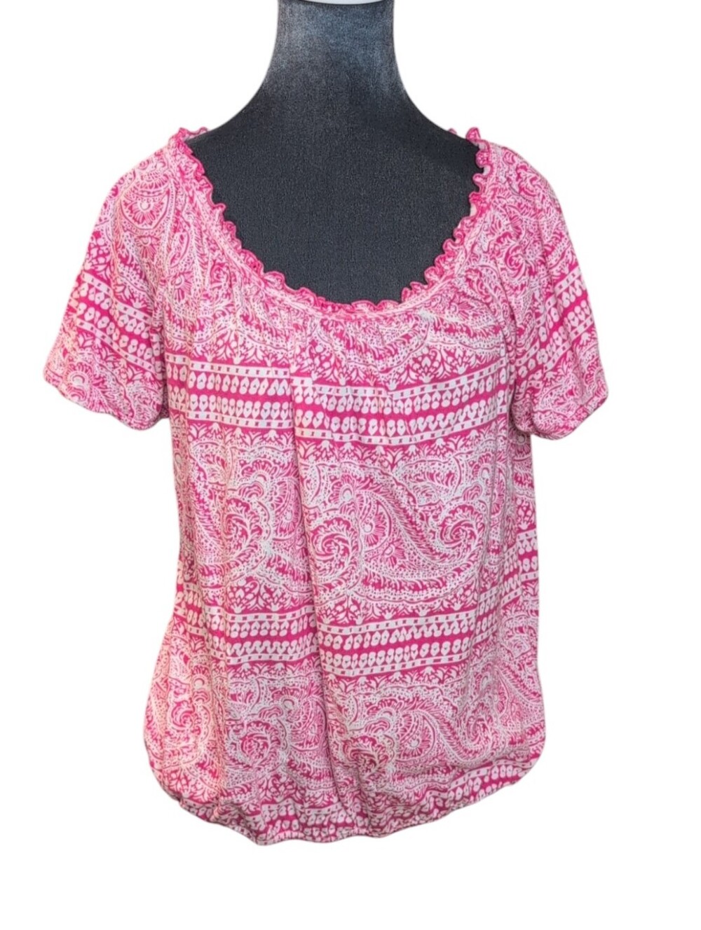 Lane Bryant Fun & Flirty Pink and White Print Peasant Top Size 14/16